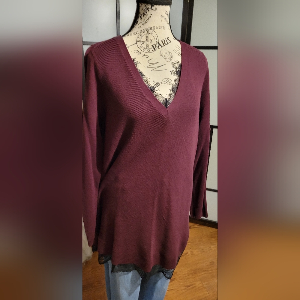Torrid sweater.  Burgundy with Black Lace trim Size 2 (2x)